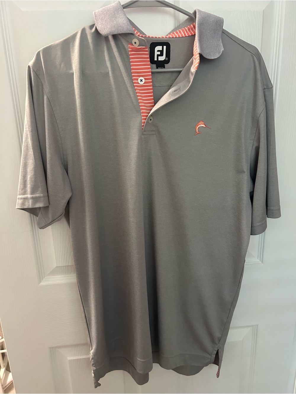 FootJoy Gray Polo with Coral Trim and Fish Logo sz M